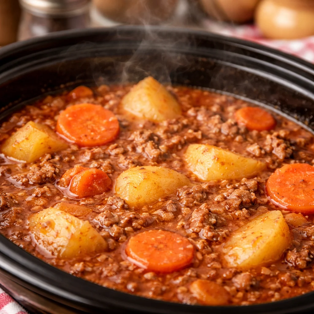 Bowl of Slow Cooker Poor Man's Stew with ground beef, potatoes, and carrots in tomato broth.