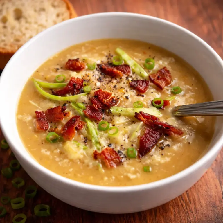 Bowl of Irish bacon cabbage and potato soup served with fresh herbs