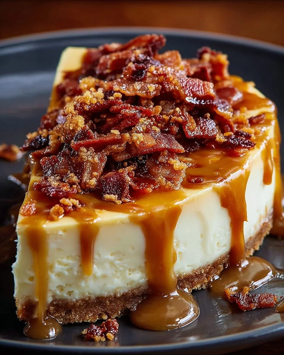 Slice of Bacon Bourbon Caramel Cheesecake topped with crispy bacon and caramel drizzle