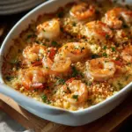 Baked stuffed shrimp casserole topped with breadcrumbs and herbs