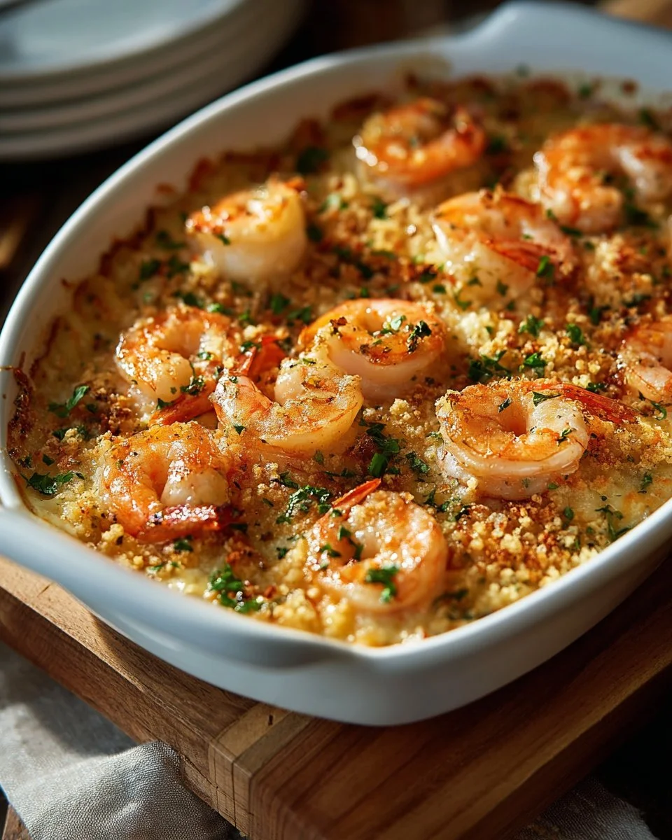 Baked stuffed shrimp casserole topped with breadcrumbs and herbs
