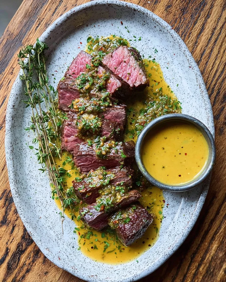 Succulent beef tenderloin ready to be served with gourmet sides