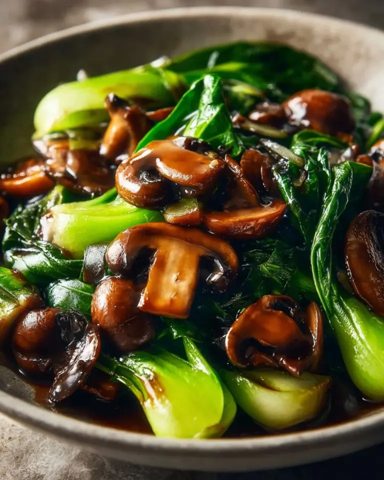 Bok Choy and Mushrooms in Oyster Sauce dish garnished and ready to serve.