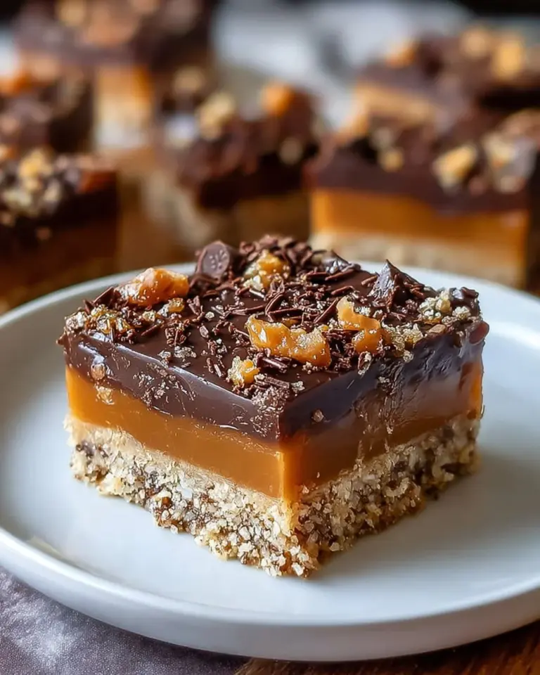 Caramel Chocolate Crunch Bars with chocolate drizzle and crispy texture.
