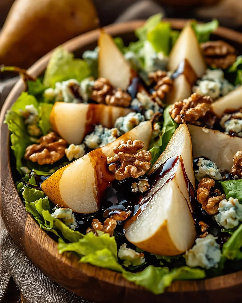 Caramelized Pear and Blue Cheese Salad topped with walnuts