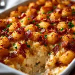 Chicken Bacon Ranch Tater Tot Casserole topped with crispy bacon and cheese