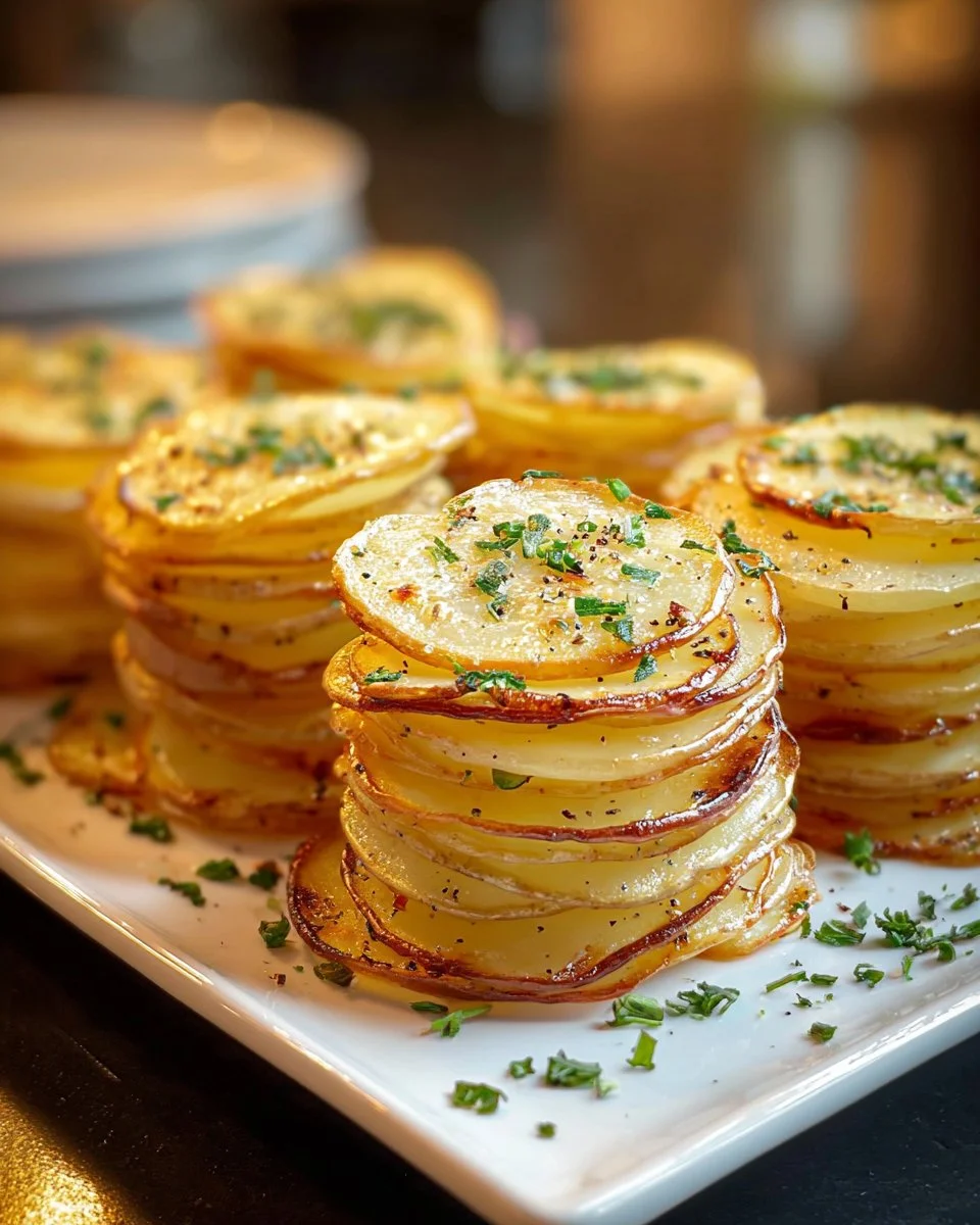 Crispy potato stacks served as a gourmet side dish.