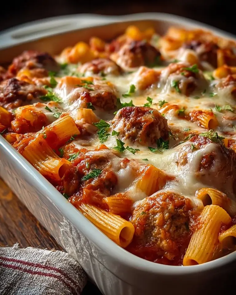 Delicious Dump and Bake Meatball Casserole ready to serve.