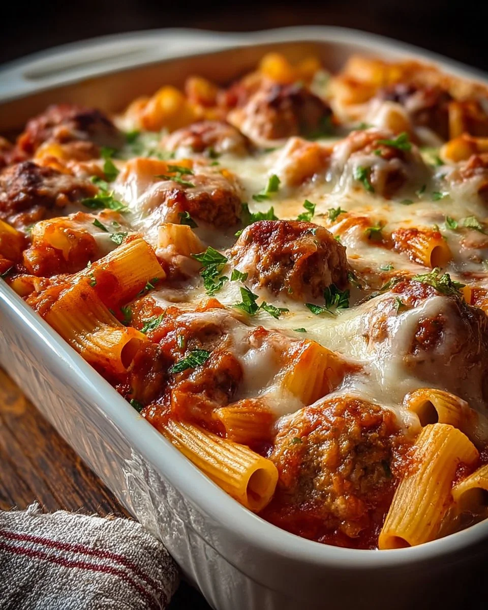 Delicious Dump and Bake Meatball Casserole ready to serve.