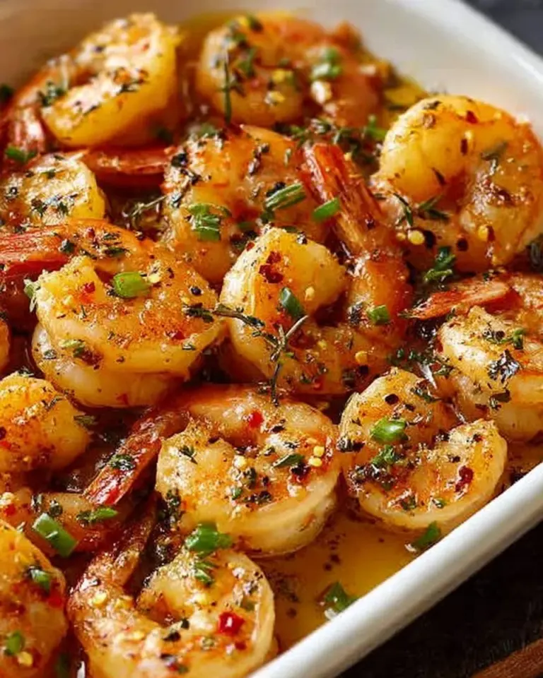 Plate of Garlic Parmesan Roasted Shrimp garnished with parsley