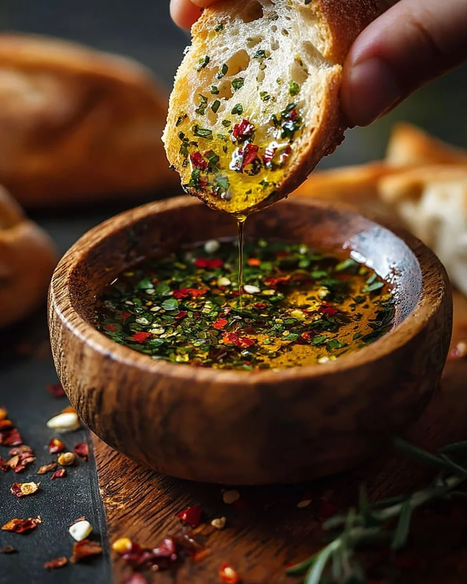 Irresistible olive oil bread dip served with fresh bread