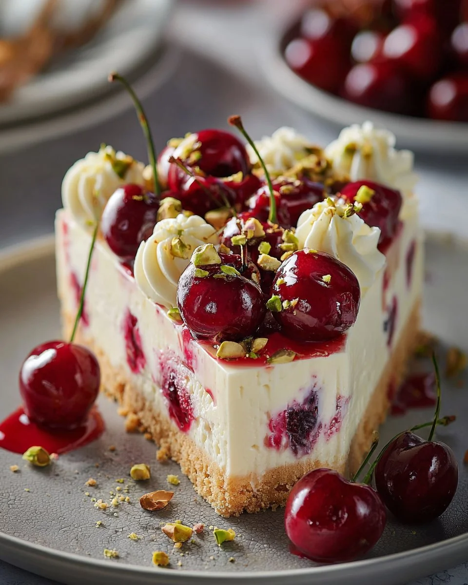 Luscious Lemon-Lime Cherry Pistachio Cheesecake topped with cherries and pistachios