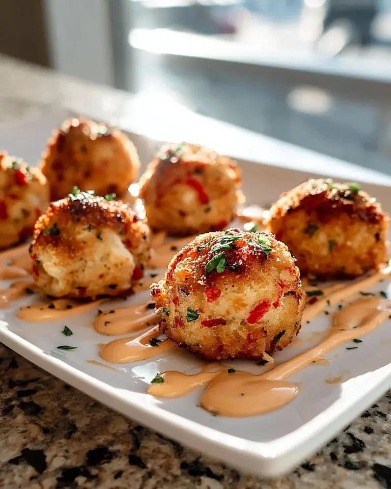 Mini crawfish cakes with red pepper remoulade on a serving plate