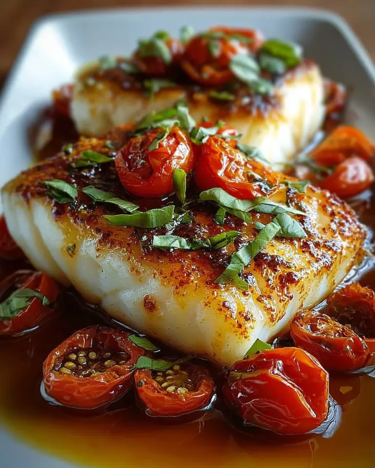 Pan-Seared Mediterranean Cod fillet in a rich Tomato Basil Sauce served on a plate