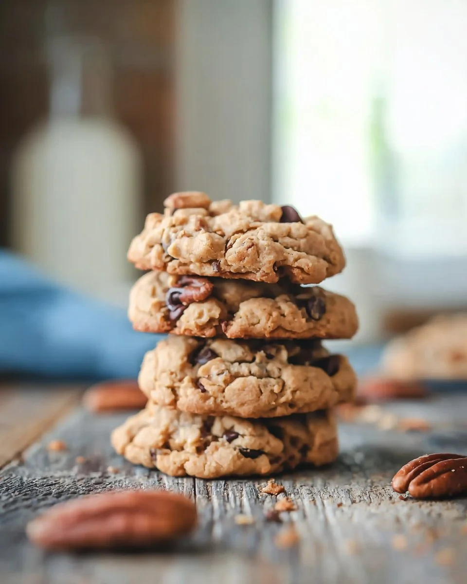 Delicious Peanut Butter Cowboy Cookies stacked on a rustic wooden table