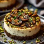 Pistachio Mushroom Cheesecake with Feta and Parmesan Crust on a plate