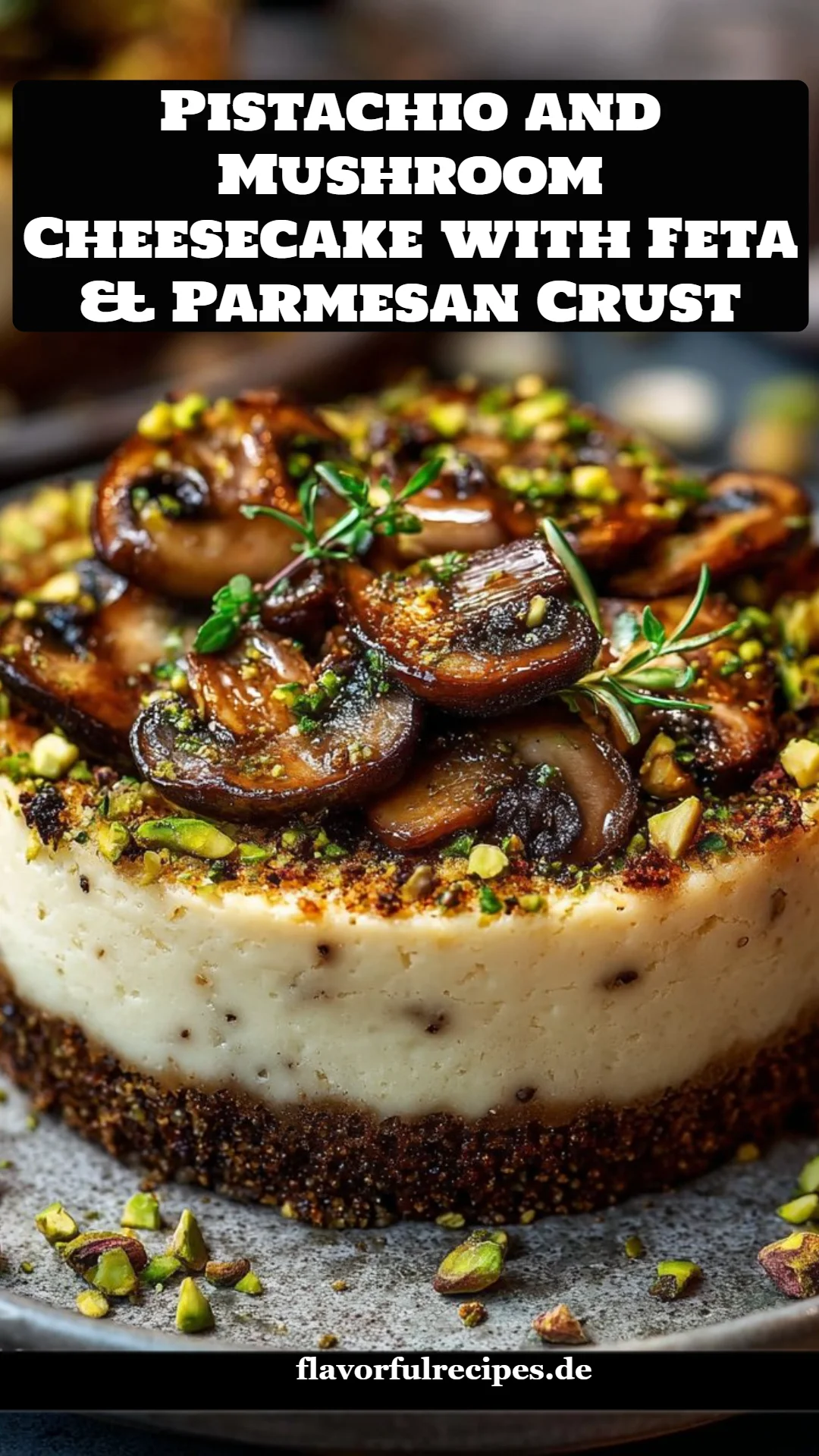 Pistachio and Mushroom Cheesecake with Feta & Parmesan Crust