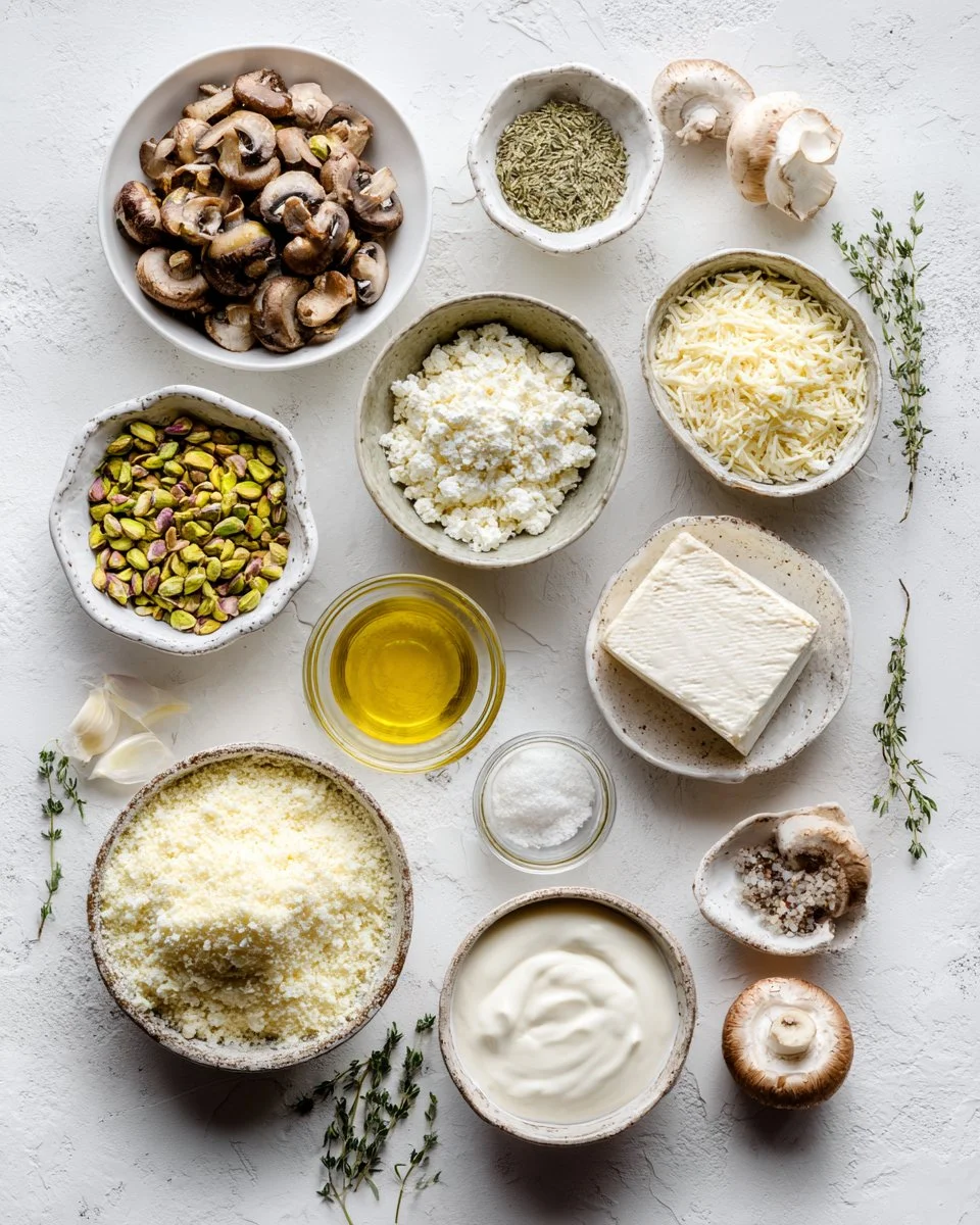 Pistachio and Mushroom Cheesecake with Feta & Parmesan Crust