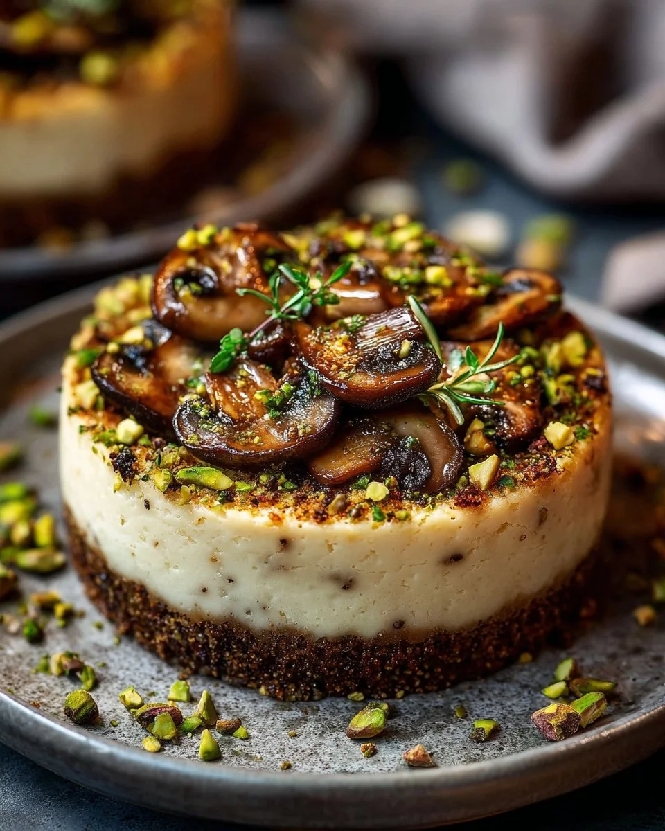 Pistachio and Mushroom Cheesecake with Feta & Parmesan Crust