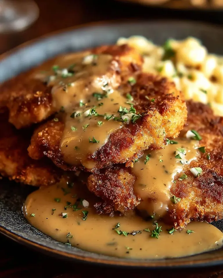Pork Schnitzel served with creamy Dijon gravy on a plate