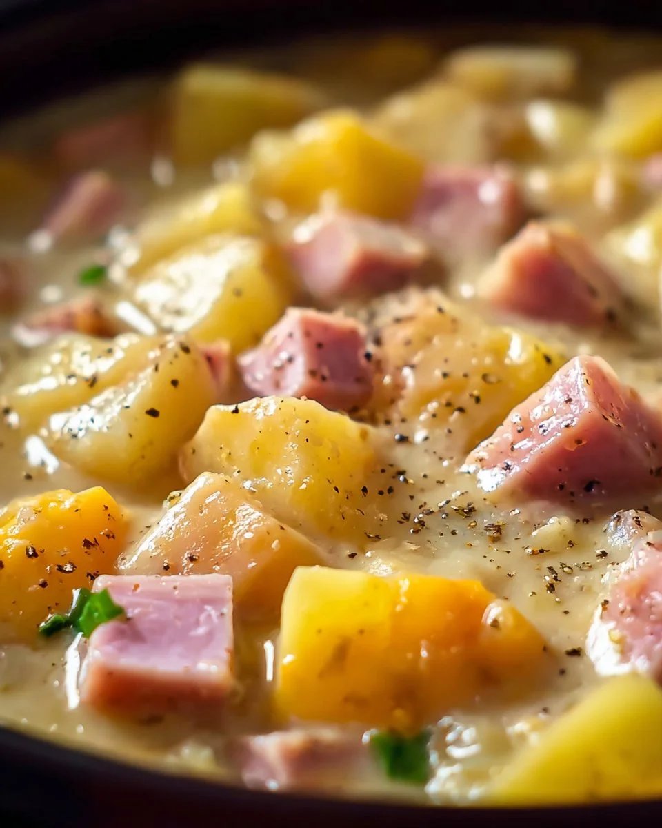Slow Cooker Ham and Potatoes dish in a cozy setting