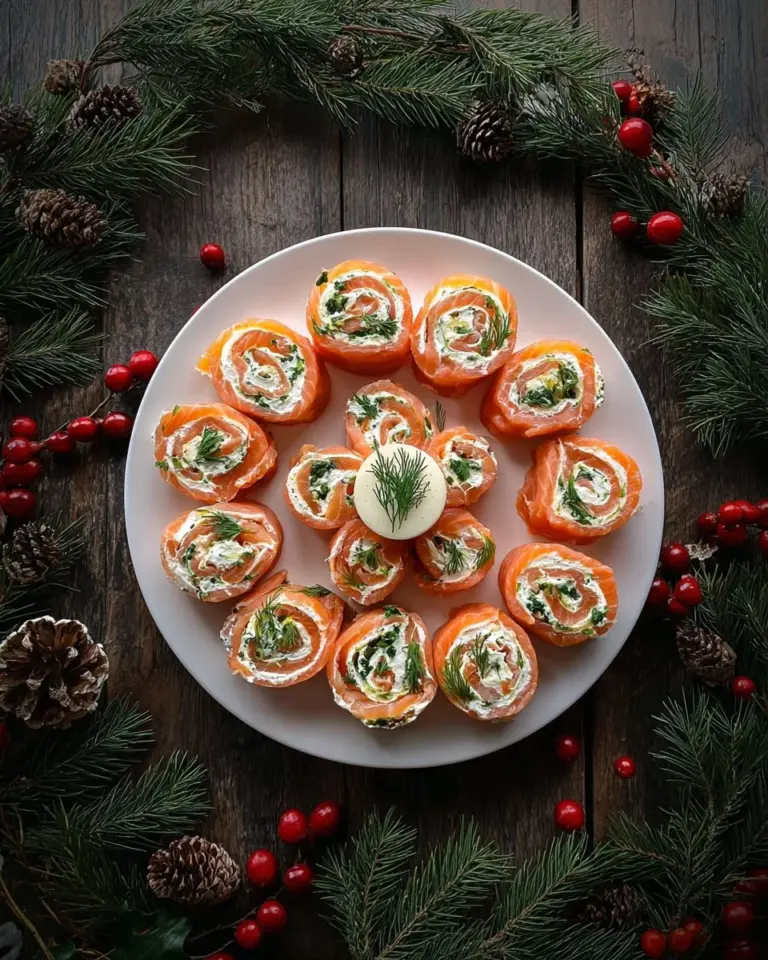 A platter of delicious smoked salmon pinwheels garnished with herbs.